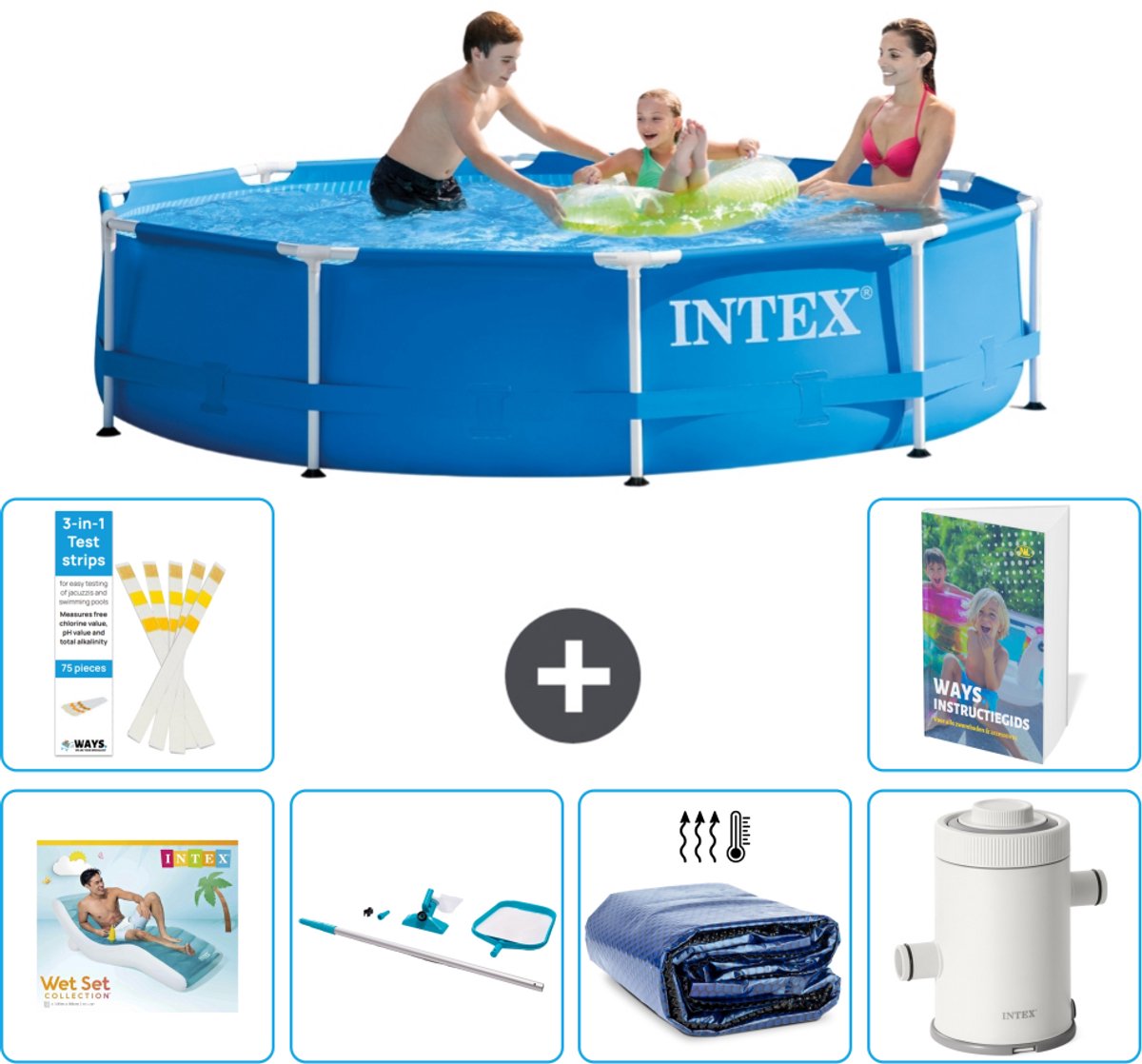 Intex Rond Frame Zwembad - 305 x 76 cm - Blauw - Inclusief Loungebed - Schoonmaakset - Solarzeil - Zwembadfilterpomp - 7-delig