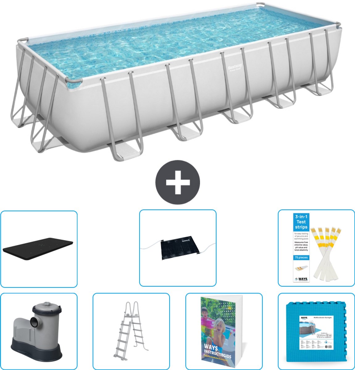 Bestway Rechthoekig Power Steel Zwembad - 640 x 274 x 132 - Grijs - Inclusief Pomp - Ladder - Afdekzeil - Solar Mat - Vloertegels - 8-delig