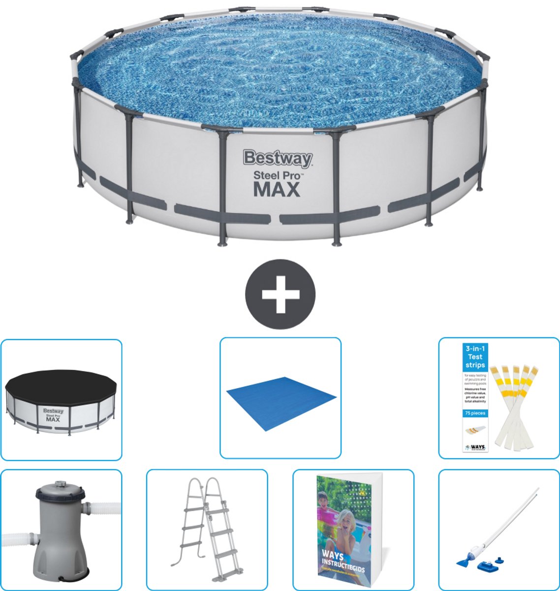 Bestway Rond Steel Pro MAX Zwembad - 427 x 107 cm - Grijs - Inclusief Pomp - Ladder - Afdekzeil - Grondzeil - Stofzuiger - 8-delig
