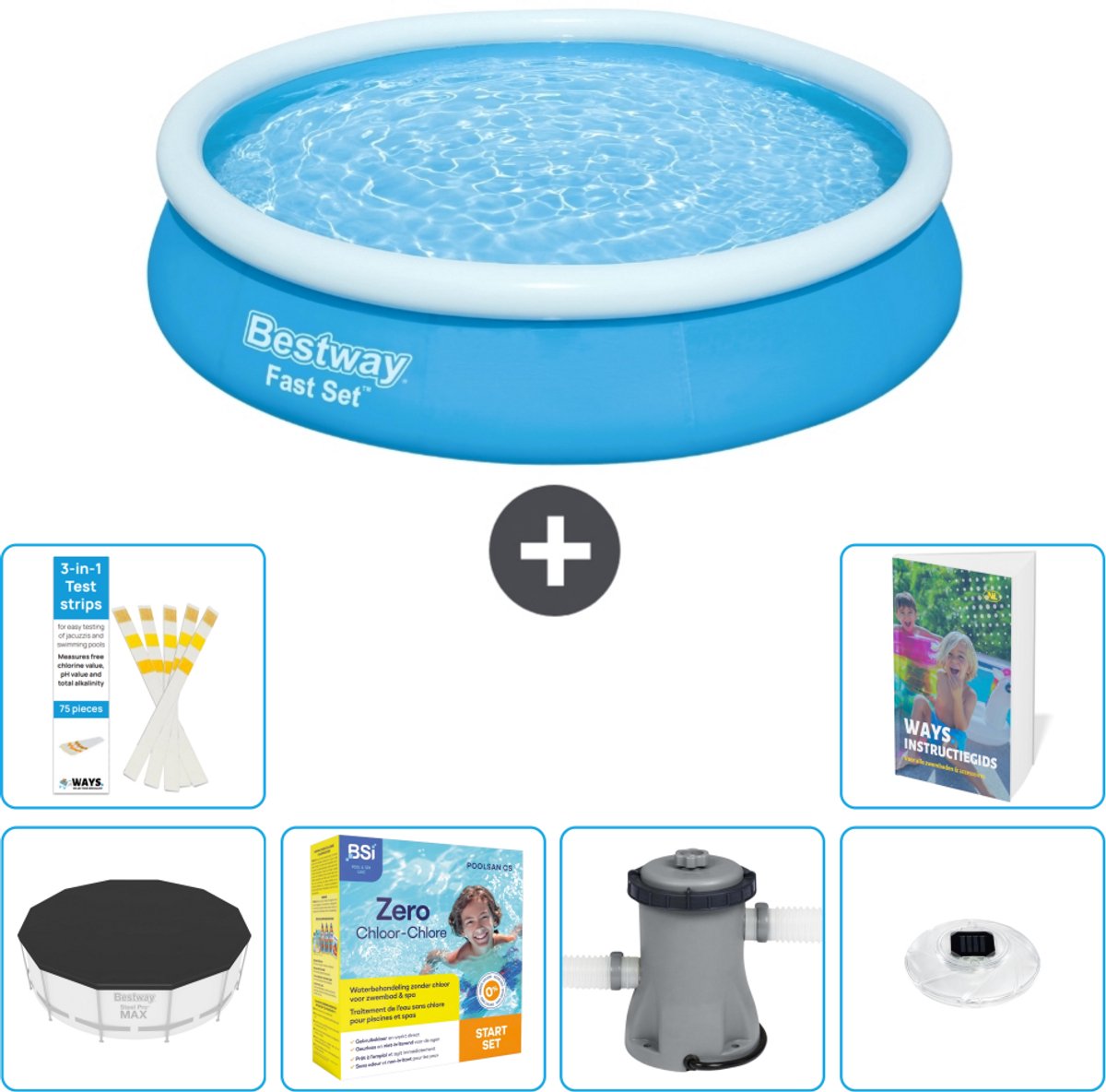 Bestway Rond Opblaasbaar Fast Set Zwembad - 366 x 76 cm - Blauw - Inclusief Afdekzeil - Onderhoudspakket - Zwembadfilterpomp - Verlichting - 7-delig
