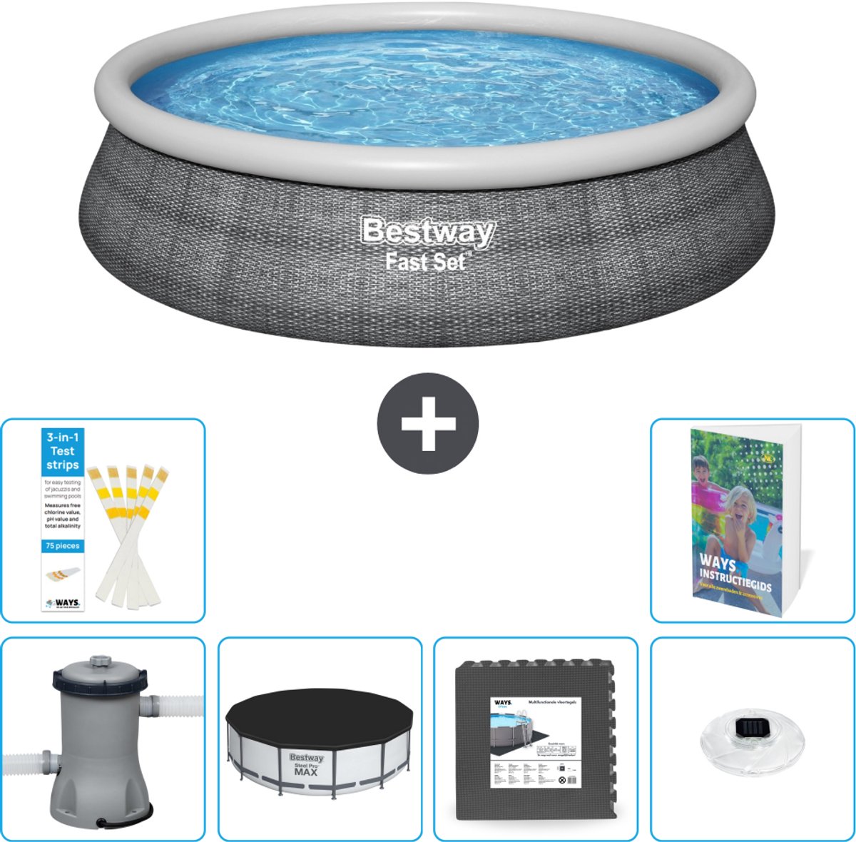 Bestway Rond Opblaasbaar Fast Set Zwembad - Rotanprint - 457 x 84 cm - Inclusief Pomp - Afdekzeil - Vloertegels - Verlichting - 7-delig