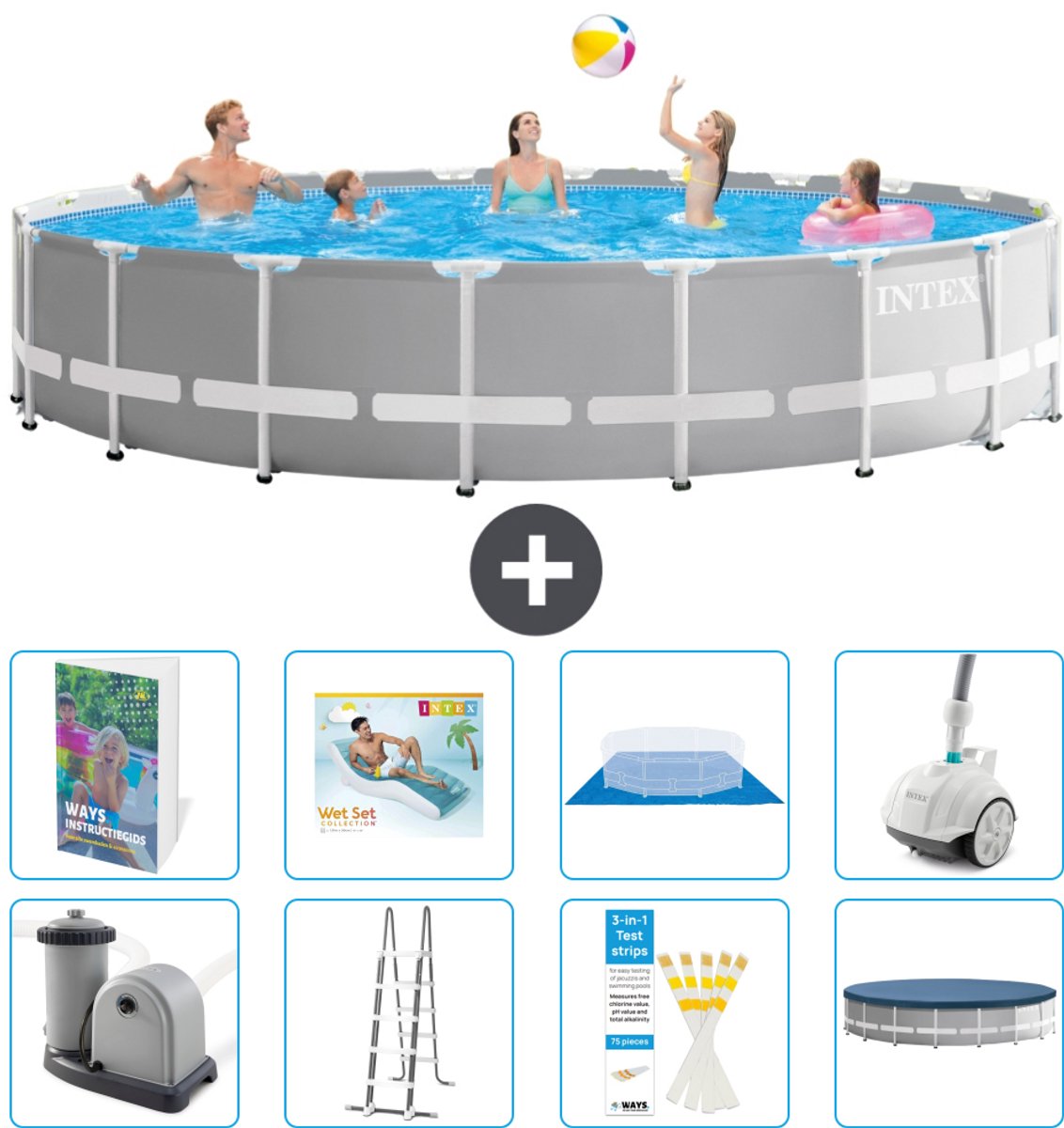 Intex Rond Prism Frame Zwembad - 610 x 132 cm - Grijs - Inclusief Pomp - Ladder - Grondzeil - Afdekzeil - Loungebed - Stofzuiger - 9-delig