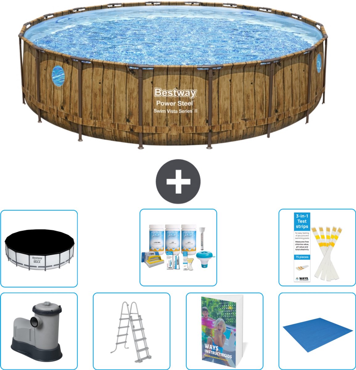Bestway Rond Power Steel Swim Vista Zwembad - Houtprint - 549 x 122 - Inclusief Pomp - Ladder - Afdekzeil - Onderhoudspakket - Grondzeil - 8-delig