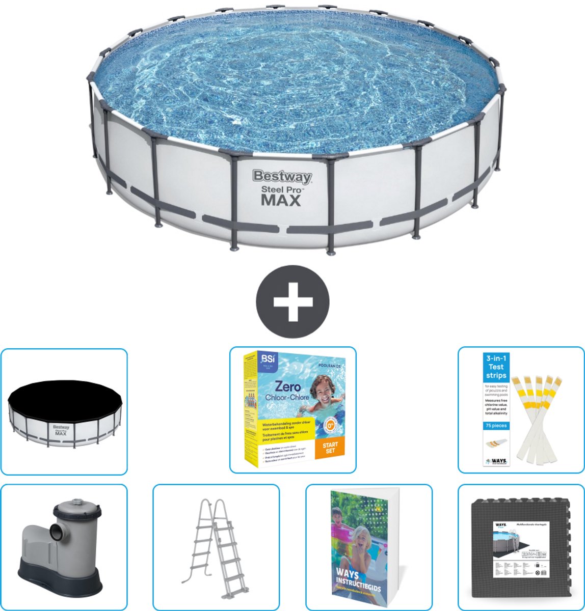 Bestway Rond Steel Pro MAX Zwembad - 549 x 122 cm - Grijs - Inclusief Pomp - Ladder - Afdekzeil - Onderhoudspakket - Vloertegels - 8-delig