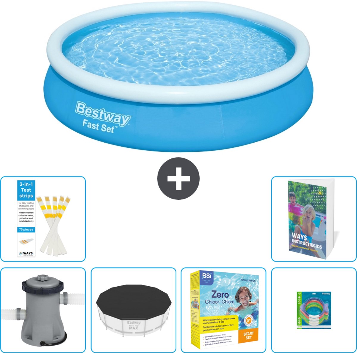 Bestway Rond Opblaasbaar Fast Set Zwembad - 366 x 76 cm - Blauw - Inclusief Pomp - Afdekzeil - Onderhoudspakket - Speelgoed - 7-delig