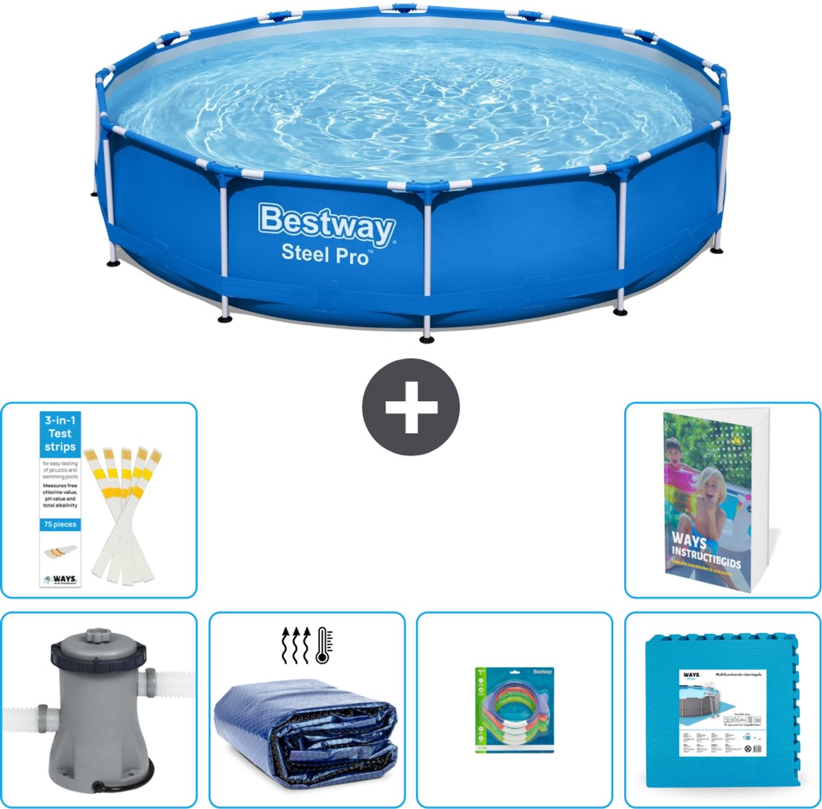 Bestway Rond Steel Pro Zwembad - 366 x 76 cm - Blauw - Inclusief Pomp - Solarzeil - Speelgoed - Vloertegels - 7-delig