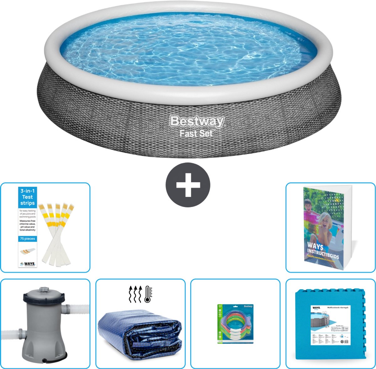 Bestway Rond Opblaasbaar Fast Set Zwembad - Rotanprint - 396 x 84 cm - Inclusief Pomp - Solarzeil - Speelgoed - Vloertegels - 7-delig