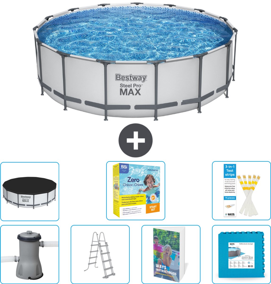 Bestway Rond Steel Pro MAX Zwembad - 457 x 122 cm - Grijs - Inclusief Pomp - Ladder - Afdekzeil - Onderhoudspakket - Vloertegels - 8-delig