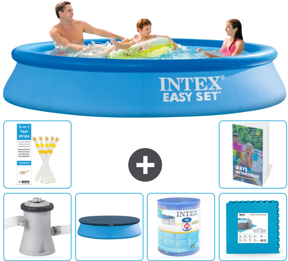 Intex Rond Opblaasbaar Easy Set Zwembad - 305 x 61 cm - Blauw - Inclusief Pomp - Afdekzeil - Filter - Vloertegels - 7-delig