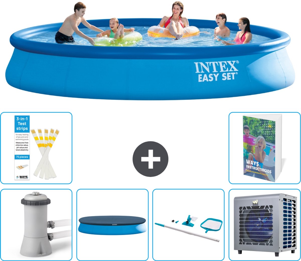Intex Rond Opblaasbaar Easy Set Zwembad - 457 x 84 cm - Blauw - Inclusief Pomp - Afdekzeil - Schoonmaakset - Warmtepomp - 7-delig