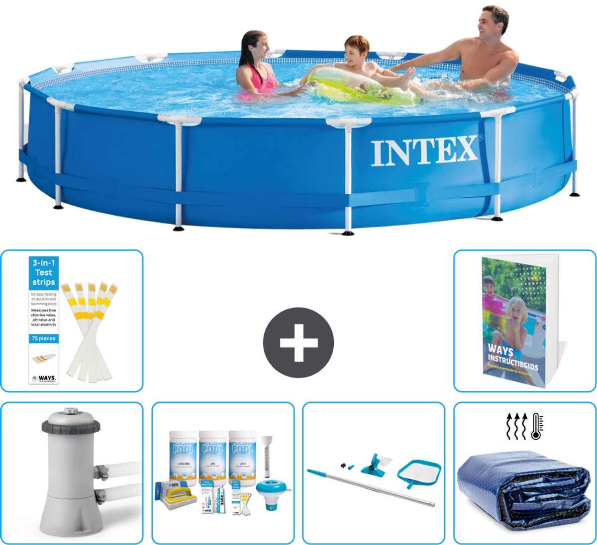 Intex Rond Frame Zwembad - 366 x 76 cm - Blauw - Inclusief Pomp - Onderhoudspakket - Schoonmaakset - Solarzeil - 7-delig