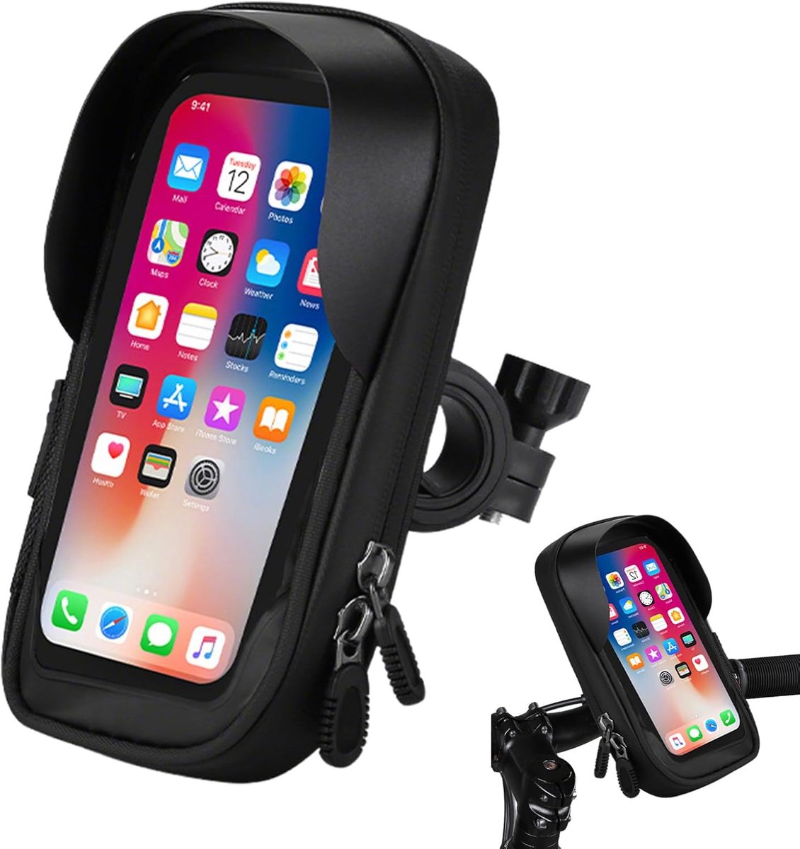 Ulisem - Waterdichte fiets telefoonhouder - Met regenhoes en touchscreen - 360° draaibaar - Geschikt voor 4.5 tot 6.4 inch smartphones - Eenvoudig te monteren zonder gereedschap - Stevig en schokbestendig - Voor fiets, e-bike en motor - Zwart