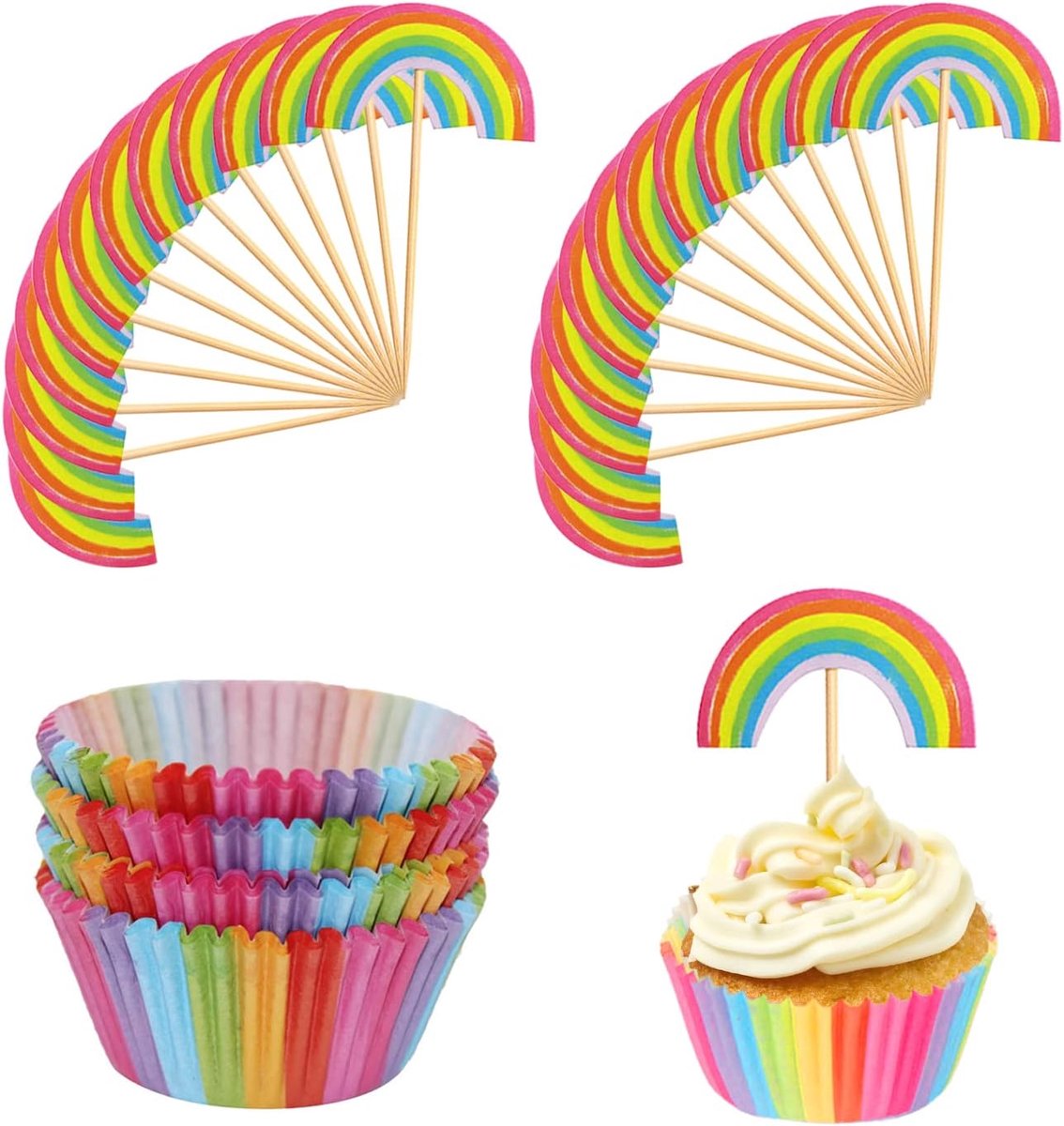 100 stuks regenboog-taartvormpjes, 24 stuks regenboogcupcake-toppers, mini-muffinvormpjes, cupcake-decoratieaccessoires, voor verjaardagsfeest, bruiloft, babyshower