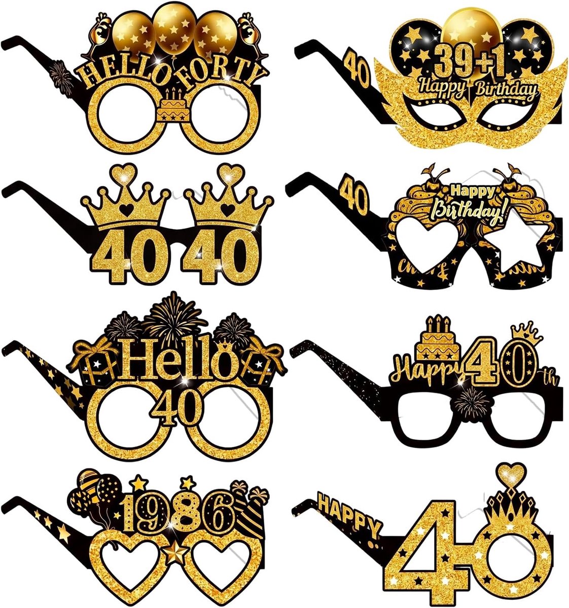 8 Stuks 40 Verjaardag Bril, Grappige 40 Jaar Feestbrillen voor Heren en Dames, Retro Goud Verjaardagsdecoratie Foto Props voor Volwassenen