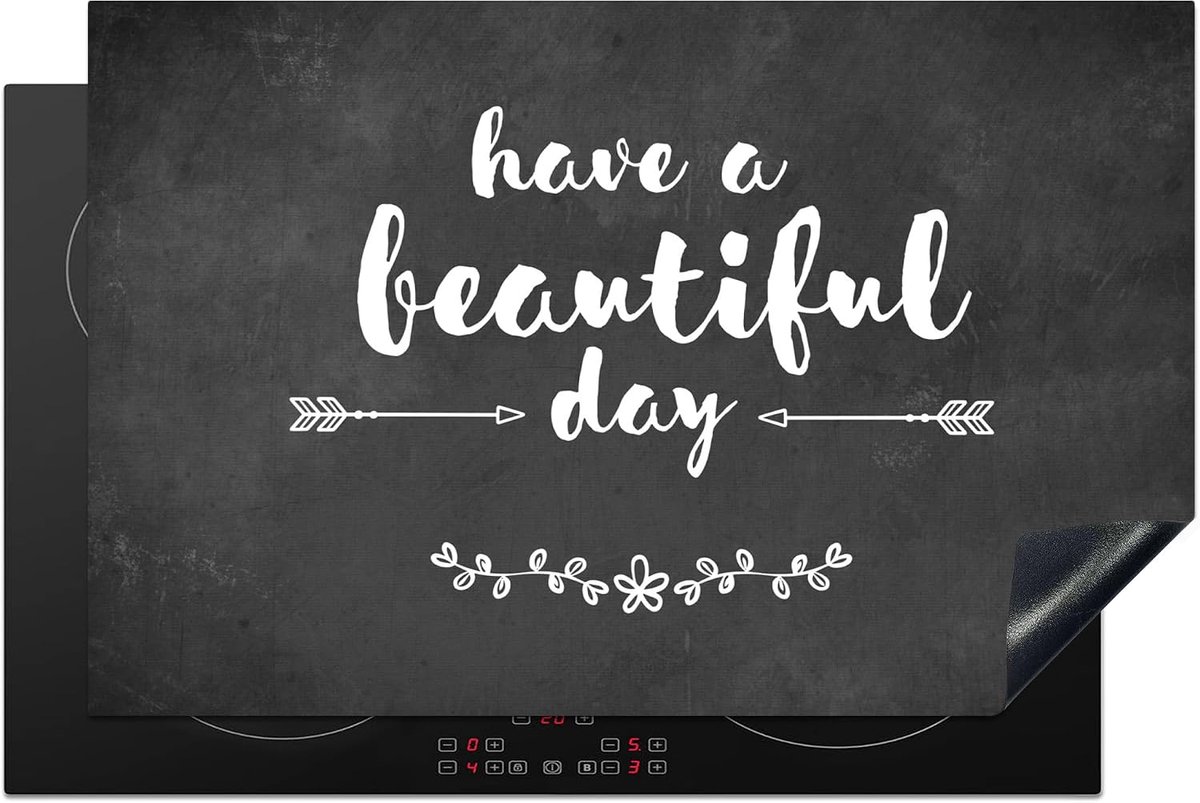SnelShoppen - Inductiekookplaat Bescherming 80x52cm - Keuken Decoratie Antislip Mat - Quote 'Have a beautiful day' - Grijs - Wit - Kookbescherming Voo