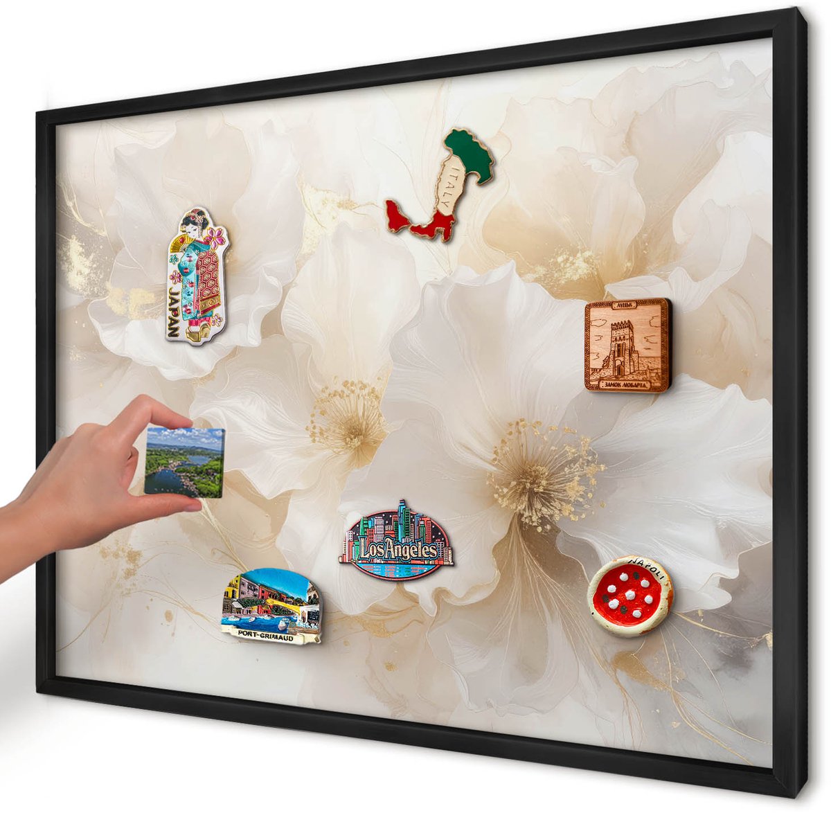 Artprintcave Romig Magneetbord mit Zwart Frame - 70x50 cm - Pastelkleurige Bloemen Wandbord Magnetisch - Minimalist Memobord Keuken - Bloemen En Planten