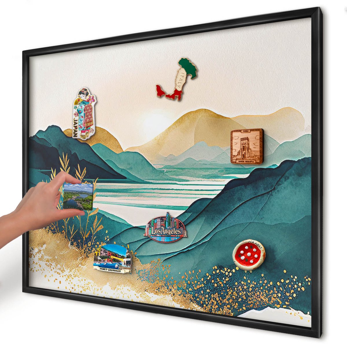 Artprintcave Turkoois Magneetbord mit Zwart Frame - 80x60 cm - Een Vredig Uitzicht Magnetisch Bord - Waterverf Magnetisch Bord Voor Magneten - Landschappen