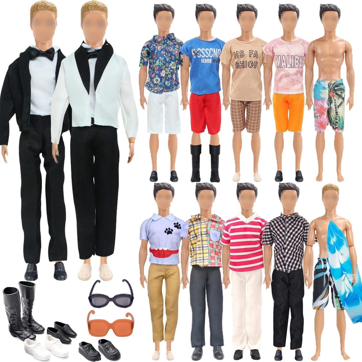 Complete set van 19 stuks poppenkleding en accessoires met casual outfits, zwemkleding en schoenen voor 12 inch jongenspoppen