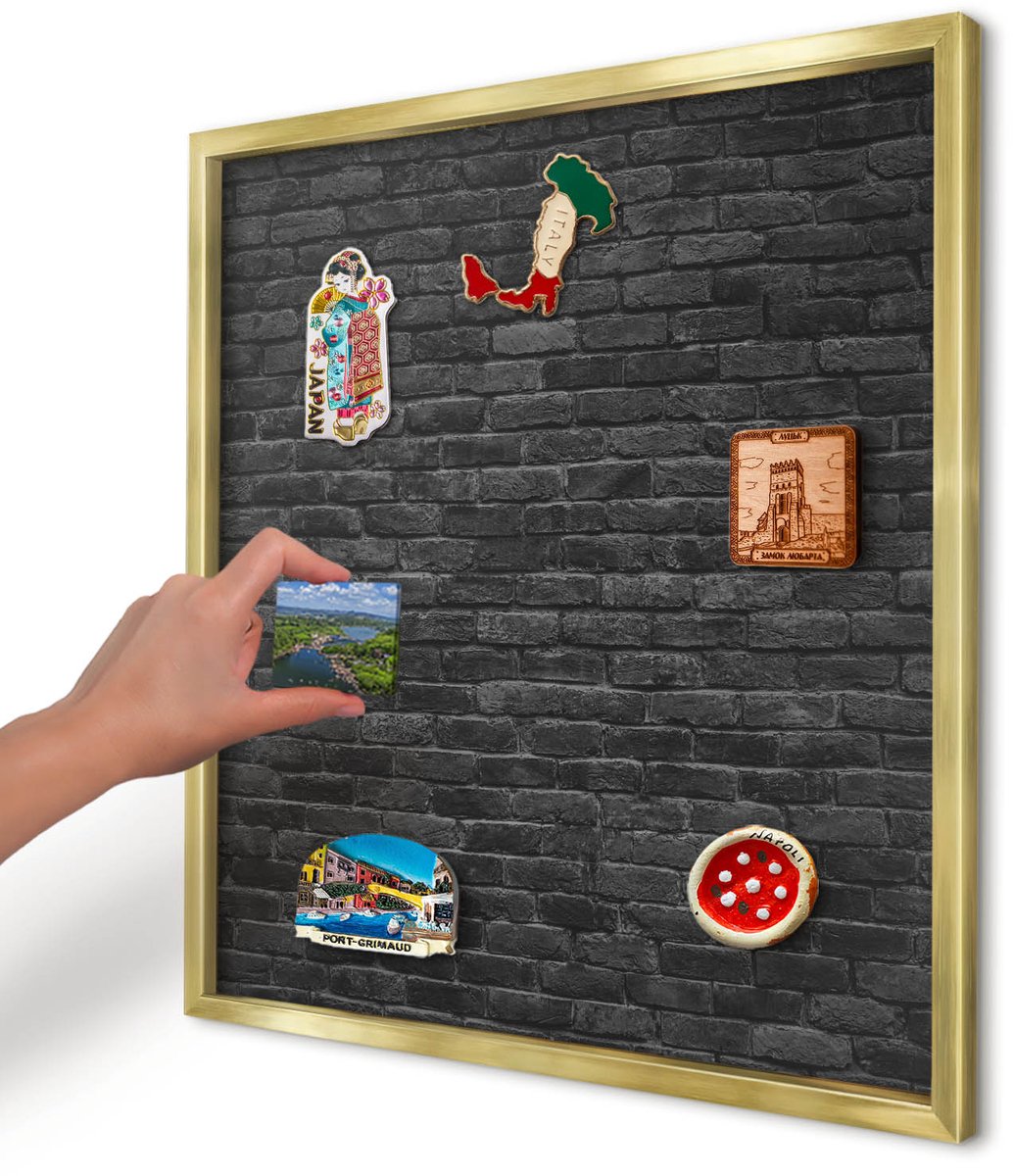 Artprintcave Zwart Magneetbord mit Gouden Frame - 50x50 cm - Bakstenen Muur Magnetisch Bord Voor Magneten - Industrieel/Loft Magneetbord Voor Keuken - Texturen