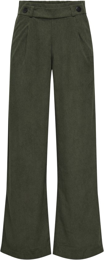 Donkergroene geribbelde broek met wijde pijpen, plooien en knoopdetails aan de tailleband.