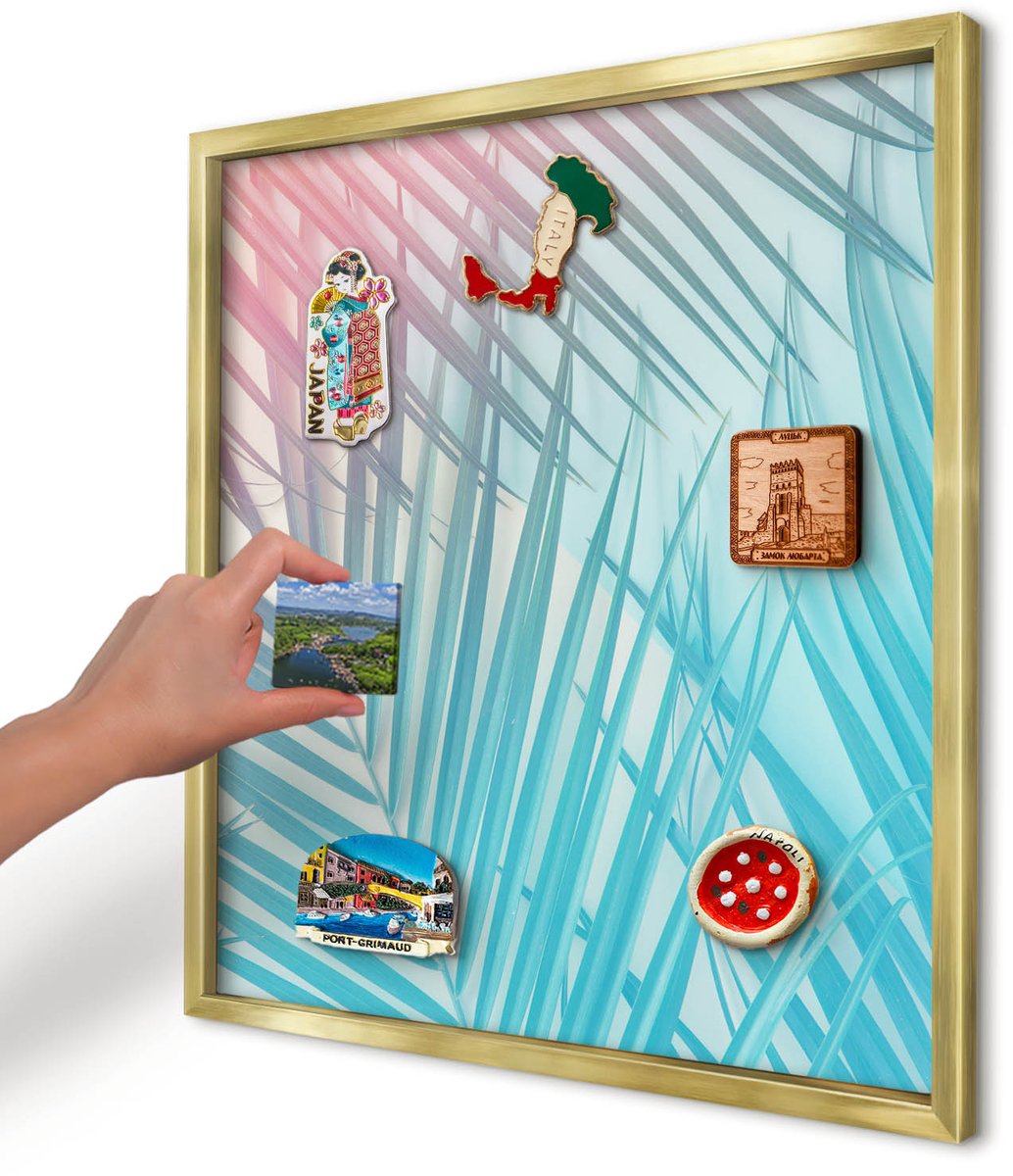 Artprintcave Turkoois Magneetbord mit Gouden Frame - 50x50 cm - Tropische Elegantie Magneetbord Voor Foto's - Abstract Magnetische Organizer - Bloemen En Planten