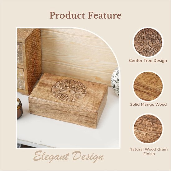 Wood Bruine Handgesneden Sieraden Opbergdoos met Centrale — afbeelding 3