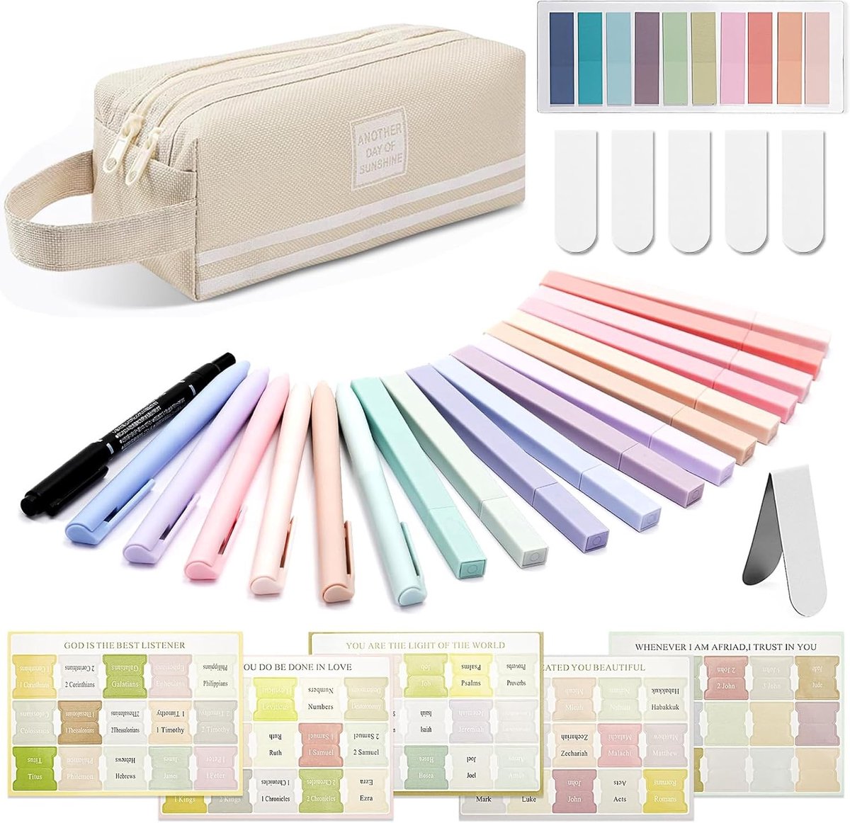 Complete Bijbelstudie Set met Potloodetui, 12 Bijbelmarkeerstiften, Indexlabels en Gelpennen voor Vrouwen en Bijbelstudie