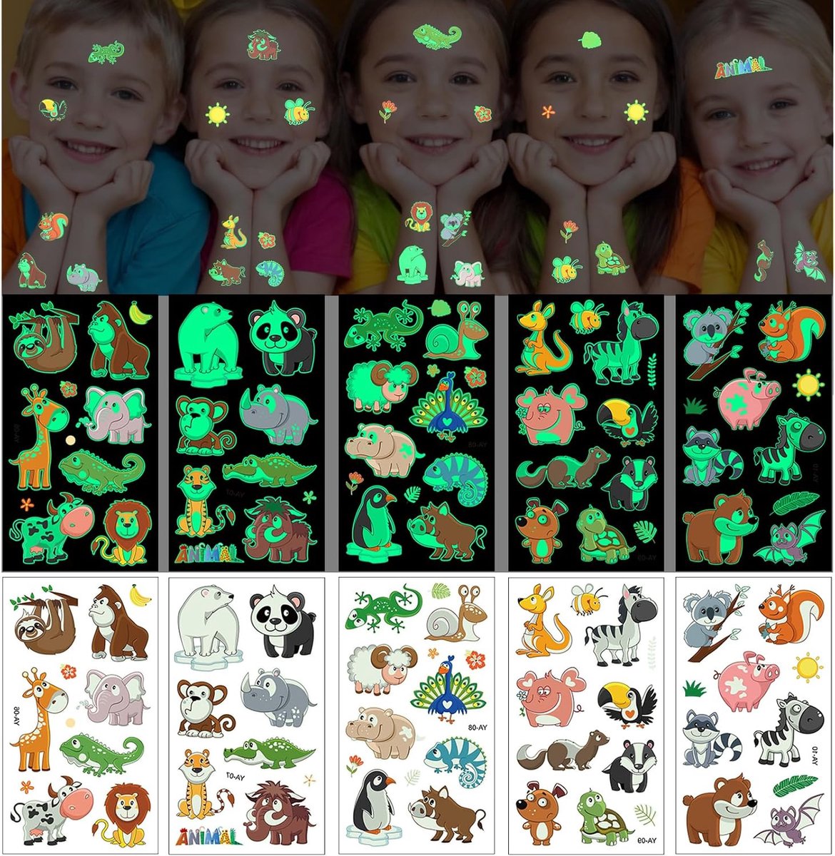 Tijdelijke tatoeages voor kinderen, 10/20 vellen Glow in the Dark lichtgevende tatoeagesticker, fluorescerende/gewone gemengde tijdelijke tatoeageset, feestdecoratie voor jongens en meisjes