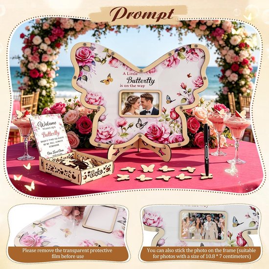 Bruiloftsgastenboek van hout, vlindervormig, vlindervormig alternatief met fotolijst en dropbox, rustiek alternatief voor het klassieke gastenboek voor bruiloft, babyshower en afstudeerfeest — afbeelding 4