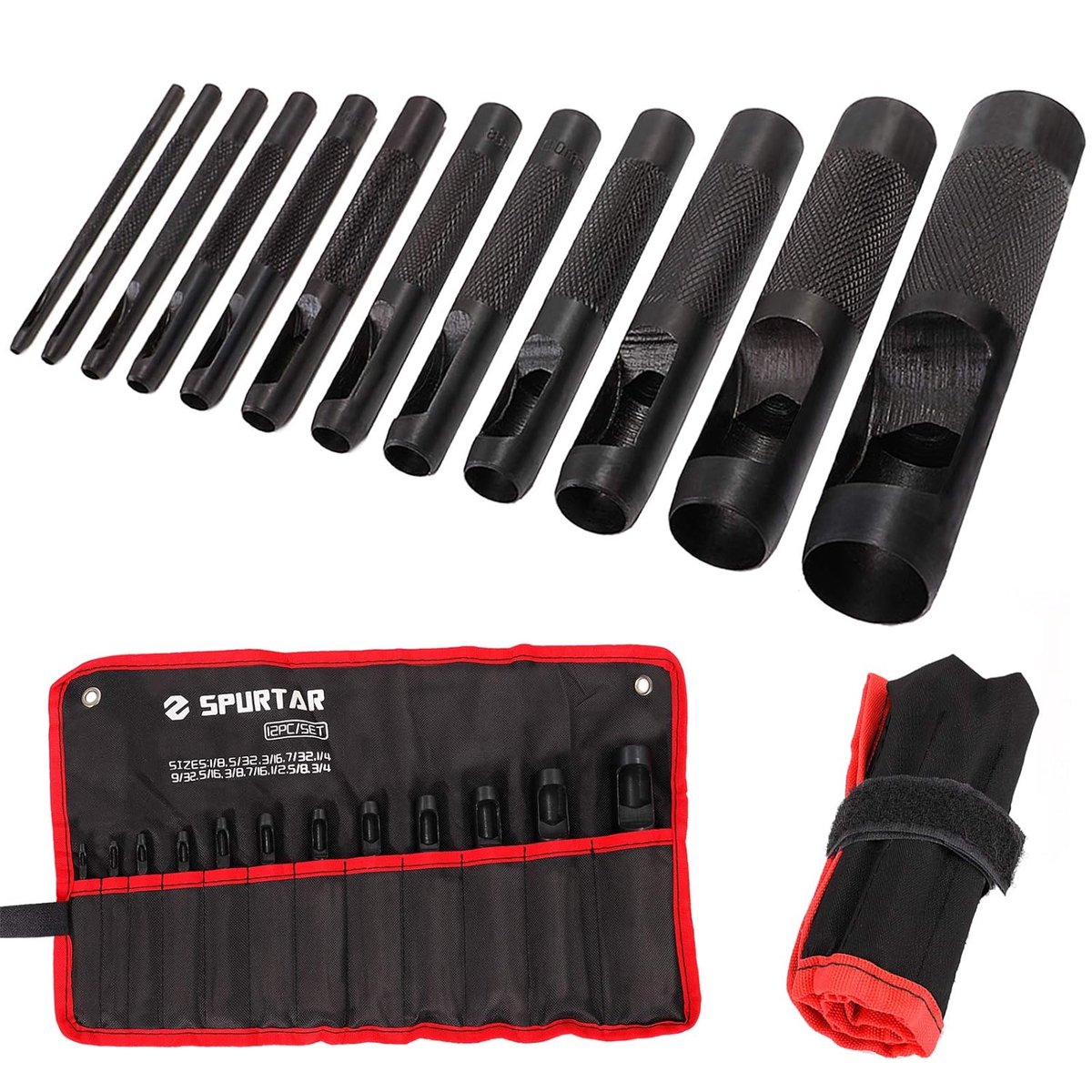 SnelShoppen - 12-delige Stalen Holle Leerpons Set 1/8"-3/4" | Gereedschap voor Leer, Horlogeband, Sealer, Stof, Oogjes | Robuuste, Scherpe Ponsen met