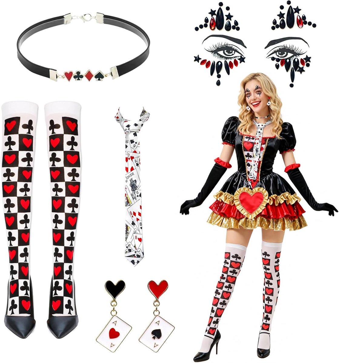 Carnavalskostuum voor dames, rood hart, koninginnenkostuum, casino
