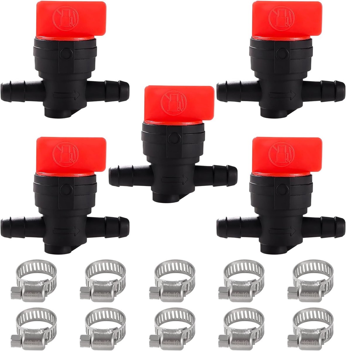 5 Stuks 1/4 Inch Inline Aan/Uit Brandstofkraan, 6-8 mm Universele Kunststof Afsluitkraan, met 10 Stuks Slangklemmen, voor Bosmaaieraccessoire