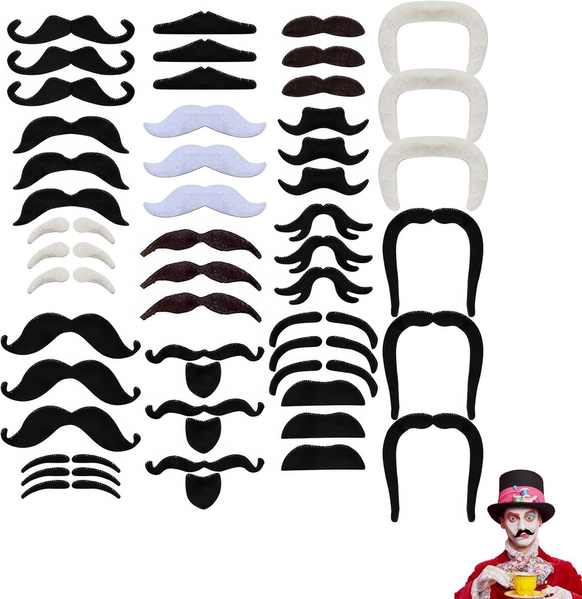 Set van 48 zelfklevende kunstsnorren voor feestjes, snorren, meerkleurig en grappig, voor kostuumfeesten, verjaardagsfeesten, kostuums en optredens