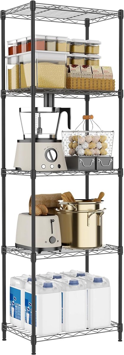 MZG Metalen Opbergrek, 5-Laags Stellingkast voor Keuken, Voorraadkast, Wasruimte en Berging, Vrijstaand Opbergsysteem, 30×45×139,6 cm, Draagvermogen tot 225 kg,zwart
