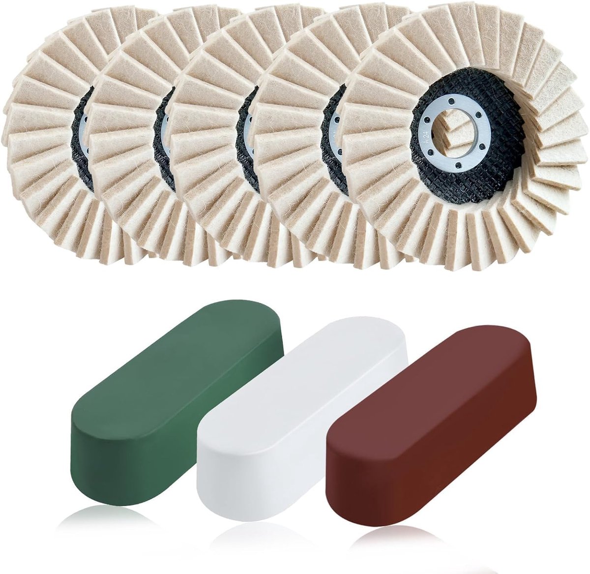 8Pcs Vilt Flap Disc Schuurmiddelen Polijsten Wiel en Polijsten Compounds Set 5 Stks Wol Polijsten Wiel Disc 3 Stks Buffing Compound Wol Polijsten Buffing Wheel Pad voor Haakse Slijper