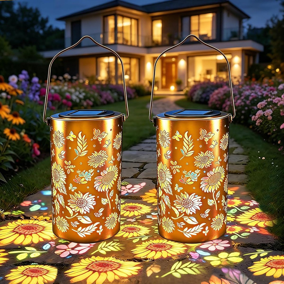 Colorful Sunflower Glow Tuinlantaarn op zonne-energie, 2 stuks zonnebloemen zonne-lantaarn voor buiten, IP65 waterdichte metalen zonnelampen, zonne-hanglamp kleurrijk, tuinlamp voor tuin