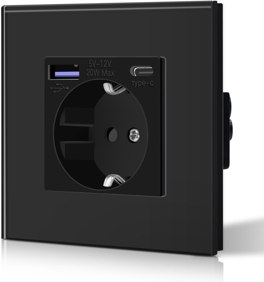 Schuko Wandstopcontact met 20 W Usb Type C snellader, glas, 3-in-1