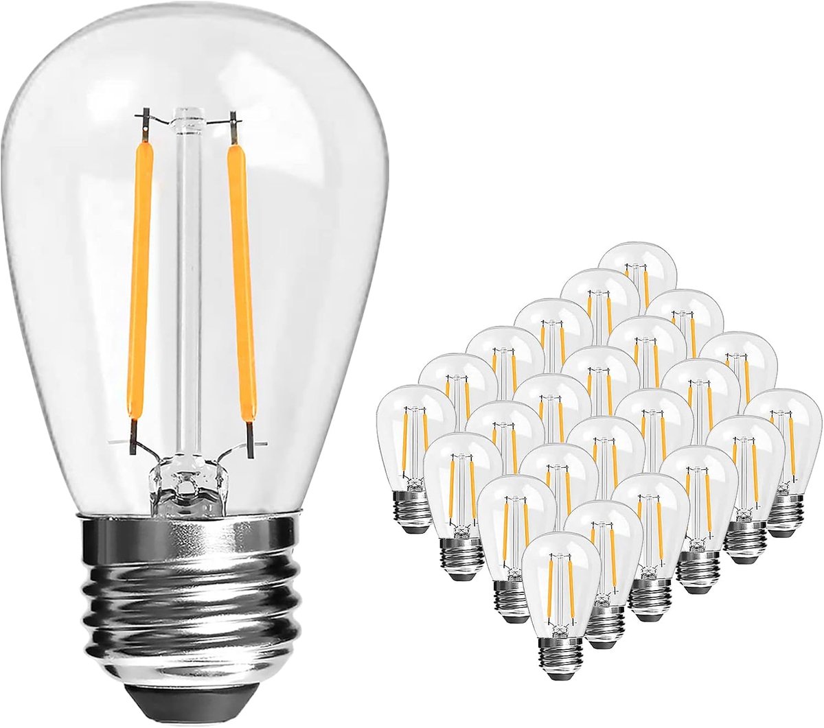 2W E27-schroefdraad glazen S14 LED-lampen, breukvast en waterdicht, 2700K warm wit, voor buitenverlichting 25 stuks | Met E27-fitting en glazen behuizing, ledlampen voor outdoor slingers