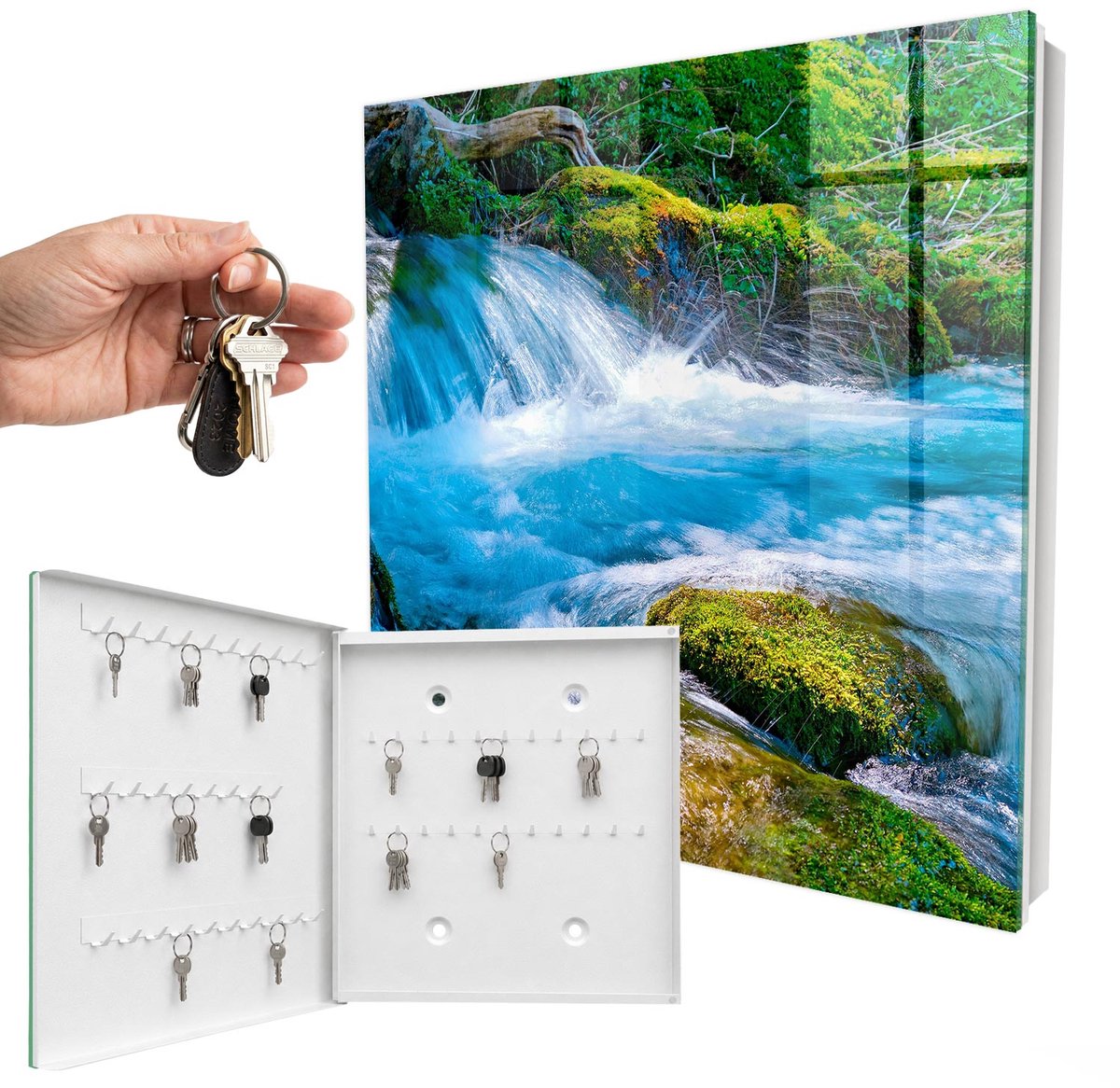 WallMuralia - Sleutelkast - 30x30x5 cm - met 50 haken - Een Kalme Rivier Sleutelkastje Huis - Blauw Sleutelbox - Linksopenend - Wit interieur
