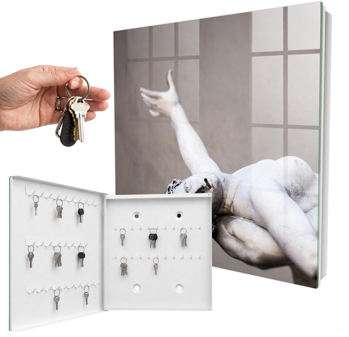WallMuralia - Sleutelkast - 30x30x5 cm - met 50 haken - Klassieke Sculptuur Sleutelkastje Klein - Grijs Sleutelbox - Linksopenend - Wit interieur