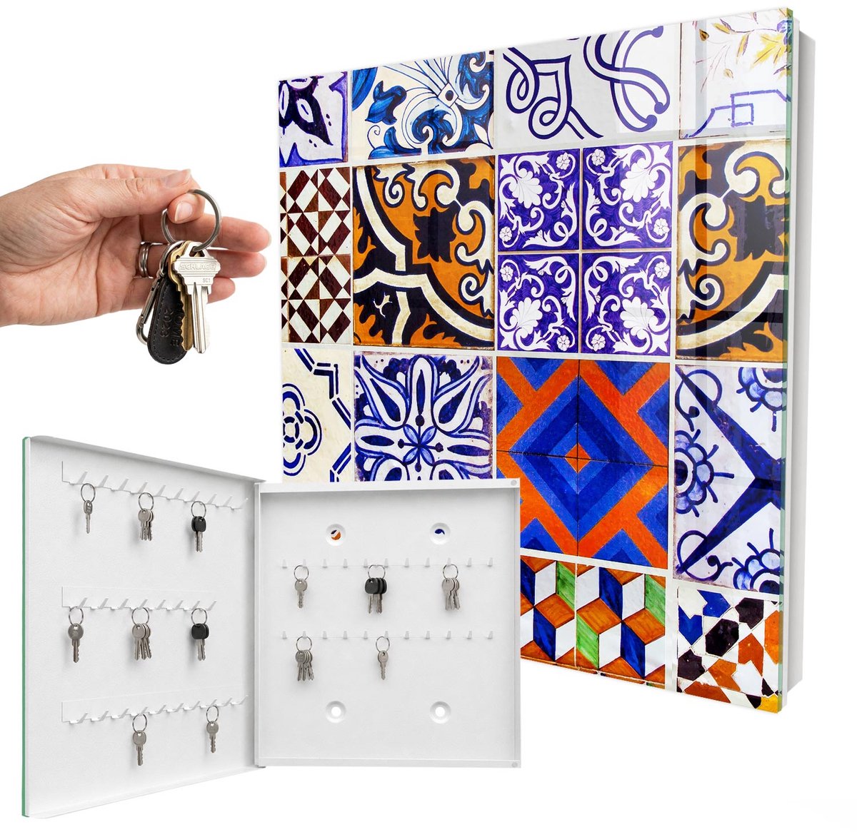 WallMuralia - Sleutelkast - 30x30x5 cm - met 50 haken - Kleurrijke Tegels Sleutelkastje Klein - Blauw Sleutelbox - Linksopenend - Wit interieur