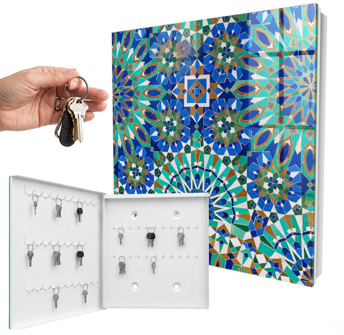 WallMuralia - Sleutelkast - 30x30x5 cm - met 50 haken - Geometrische Mozaïek Sleutelkastje Muur - Blauw Sleutelbox - Linksopenend - Wit interieur