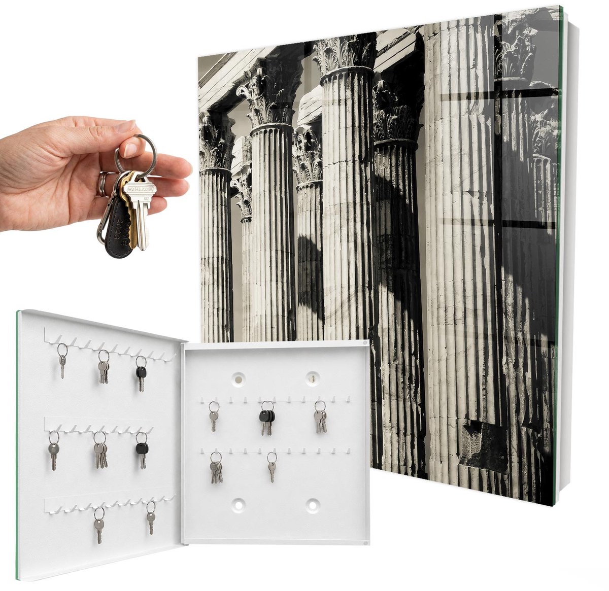 WallMuralia - Sleutelkast - 30x30x5 cm - met 50 haken - Oude Zuilen Sleutelkastje Muur - Beige Sleutelbox - Linksopenend - Wit interieur