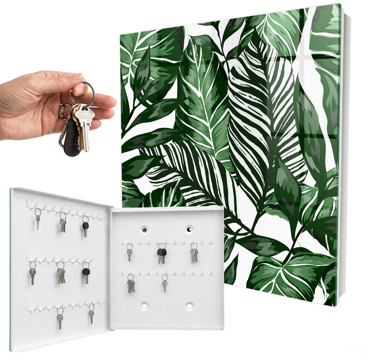 WallMuralia - Sleutelkast - 30x30x5 cm - met 50 haken - Plantenpatronen Sleutelkastje Gang - Groente Sleutelbox - Linksopenend - Wit interieur