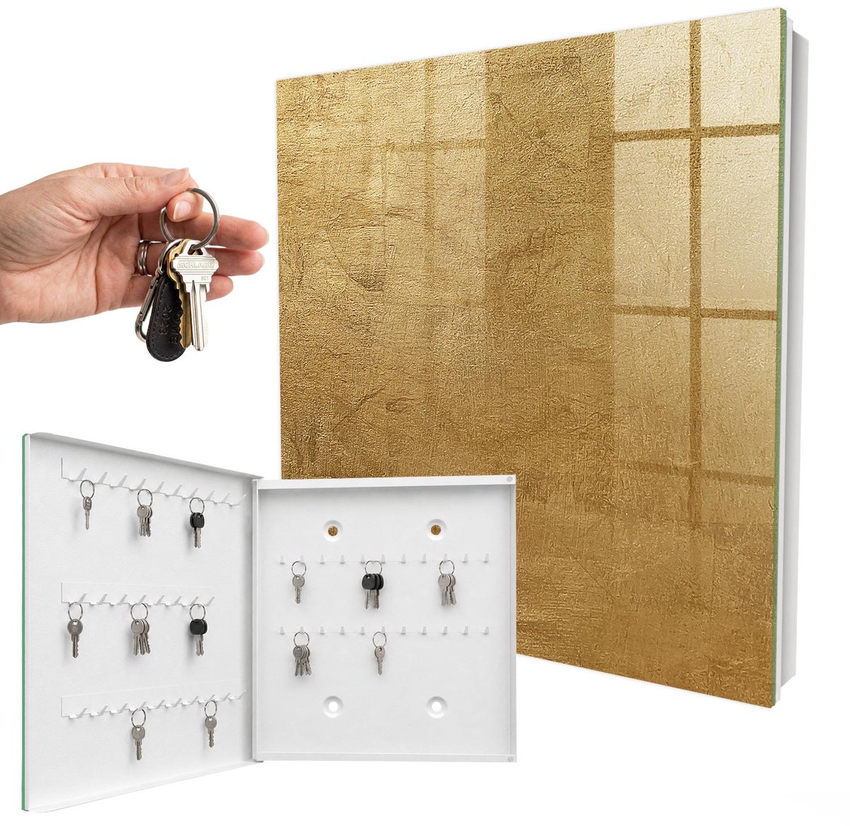 WallMuralia - Sleutelkast - 30x30x5 cm - met 50 haken - Warme Textuur Sleutelkastje Landelijk - Geel Sleutelbox - Linksopenend - Wit interieur