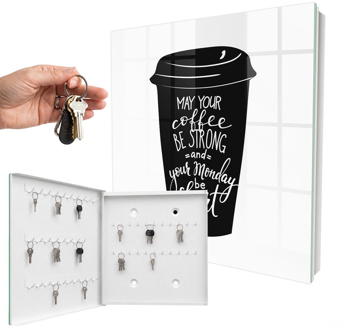 WallMuralia - Sleutelkast - 30x30x5 cm - met 50 haken - Koffie En Humor Sleutelkastje Klein - Zwart Sleutelbox - Linksopenend - Wit interieur