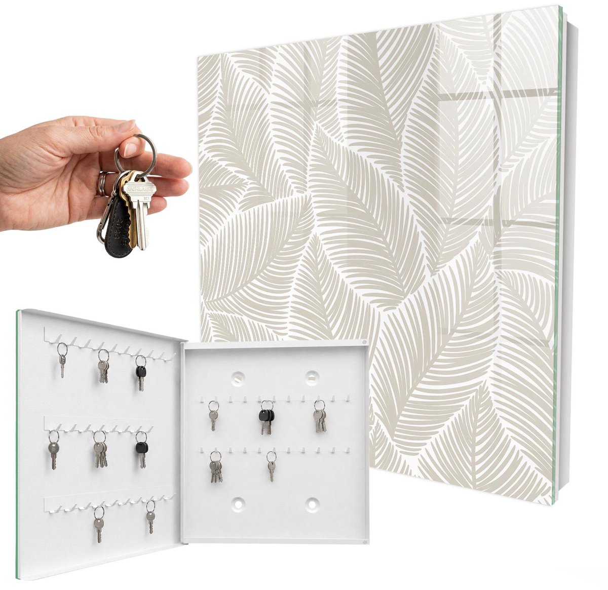 WallMuralia - Sleutelkast - 30x30x5 cm - met 50 haken - Vredige Bladeren Design Sleutelkastje - Beige Sleutelbox - Linksopenend - Wit interieur