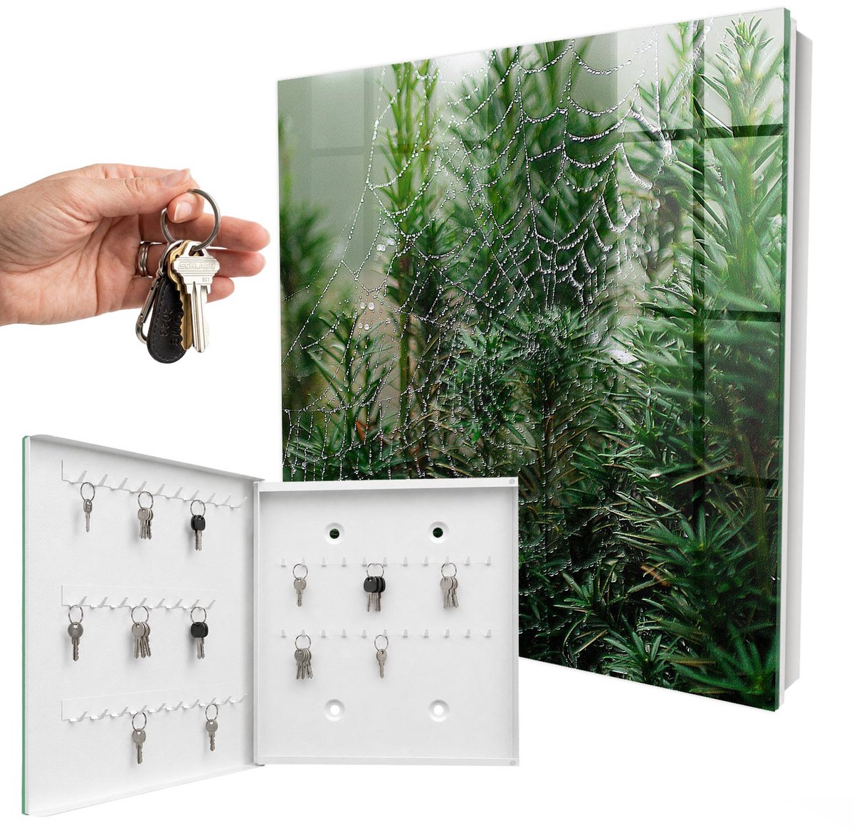 WallMuralia - Sleutelkast - 30x30x5 cm - met 50 haken - Spinnenweb In Het Bos Sleutelkastje Landelijk - Groente Sleutelbox - Linksopenend - Wit interieur