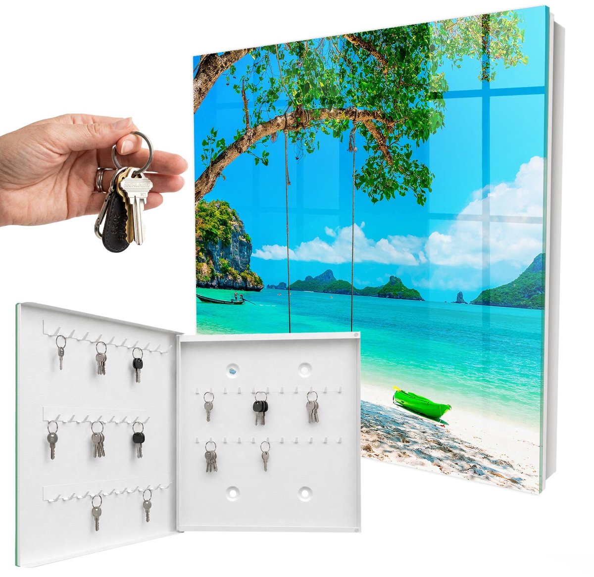 WallMuralia - Sleutelkast - 30x30x5 cm - met 50 haken - Tropisch Paradijs Groot Sleutelkastje - Turkoois Sleutelbox - Linksopenend - Wit interieur