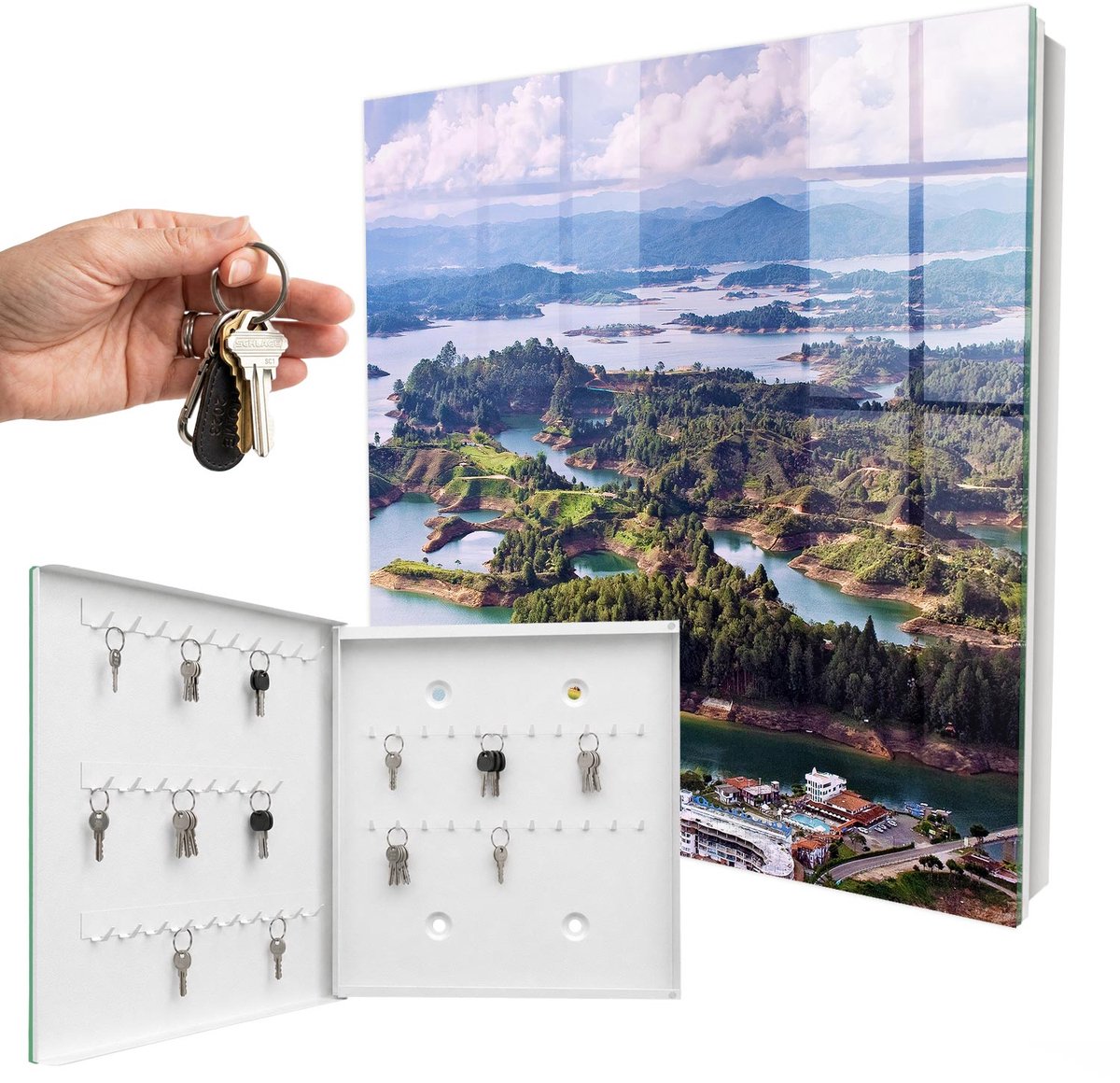 WallMuralia - Sleutelkast - 30x30x5 cm - met 50 haken - Groene Eilanden Sleutelkastje Binnen - Groente Sleutelbox - Linksopenend - Wit interieur